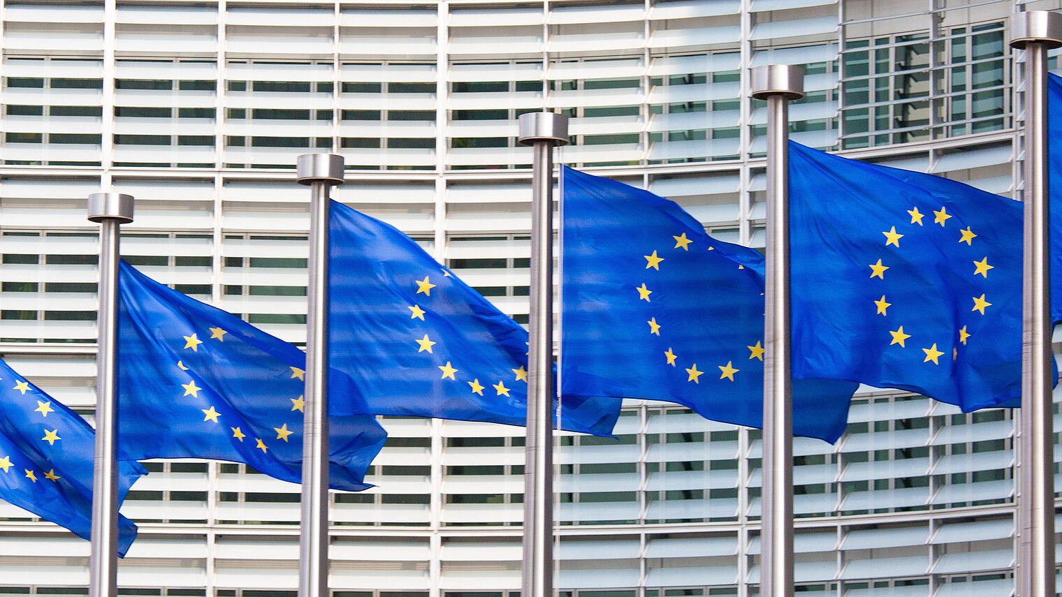 Sieben Flaggen der EU nebeneinander