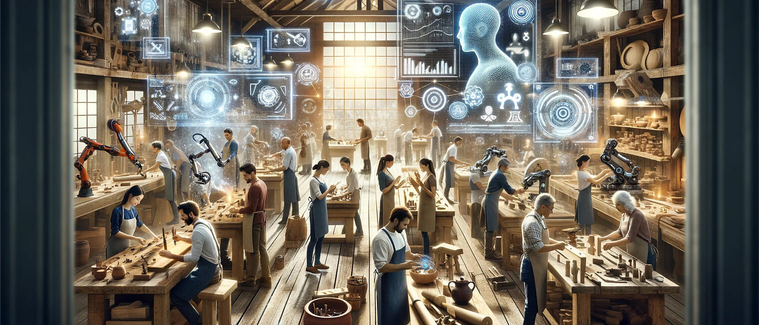 KI im Handwerk Ein mit Künstlicher Intelligenz generiertes Bild zeigt Handwerker in einer Werkstatt.