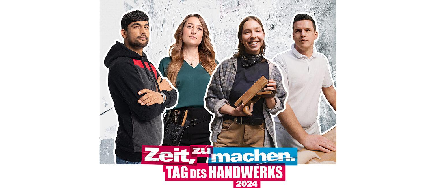 Werbemotiv "Tag des Handwerks" 2024 Vier Handwerkerinnen und Handwerker, die für die Imagekampagne des Deutschen Handwerks werben