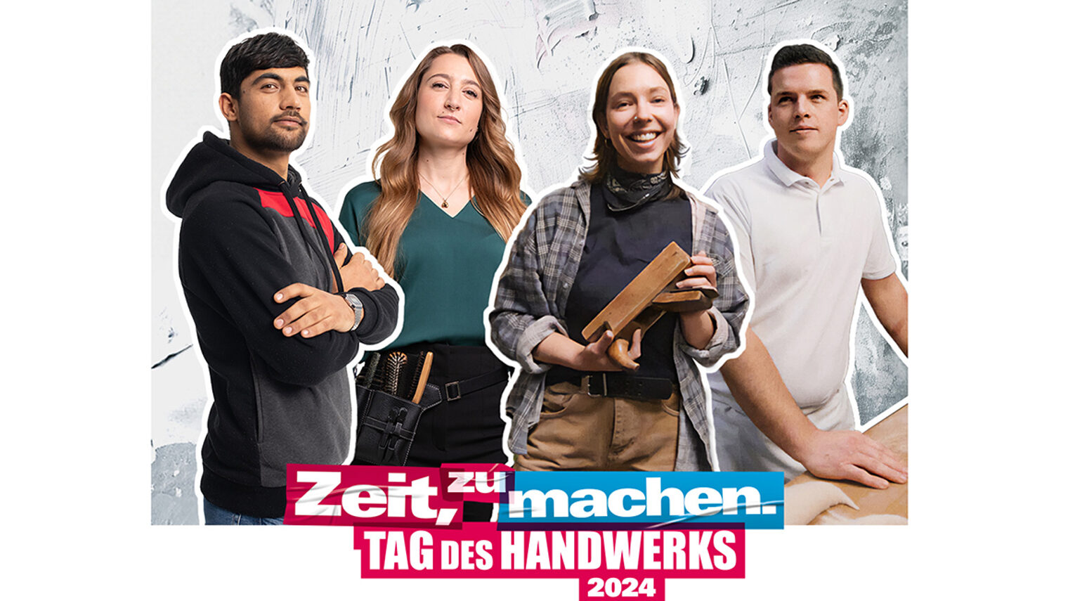 Vier Handwerkerinnen und Handwerker, die für die Imagekampagne des Deutschen Handwerks werben
