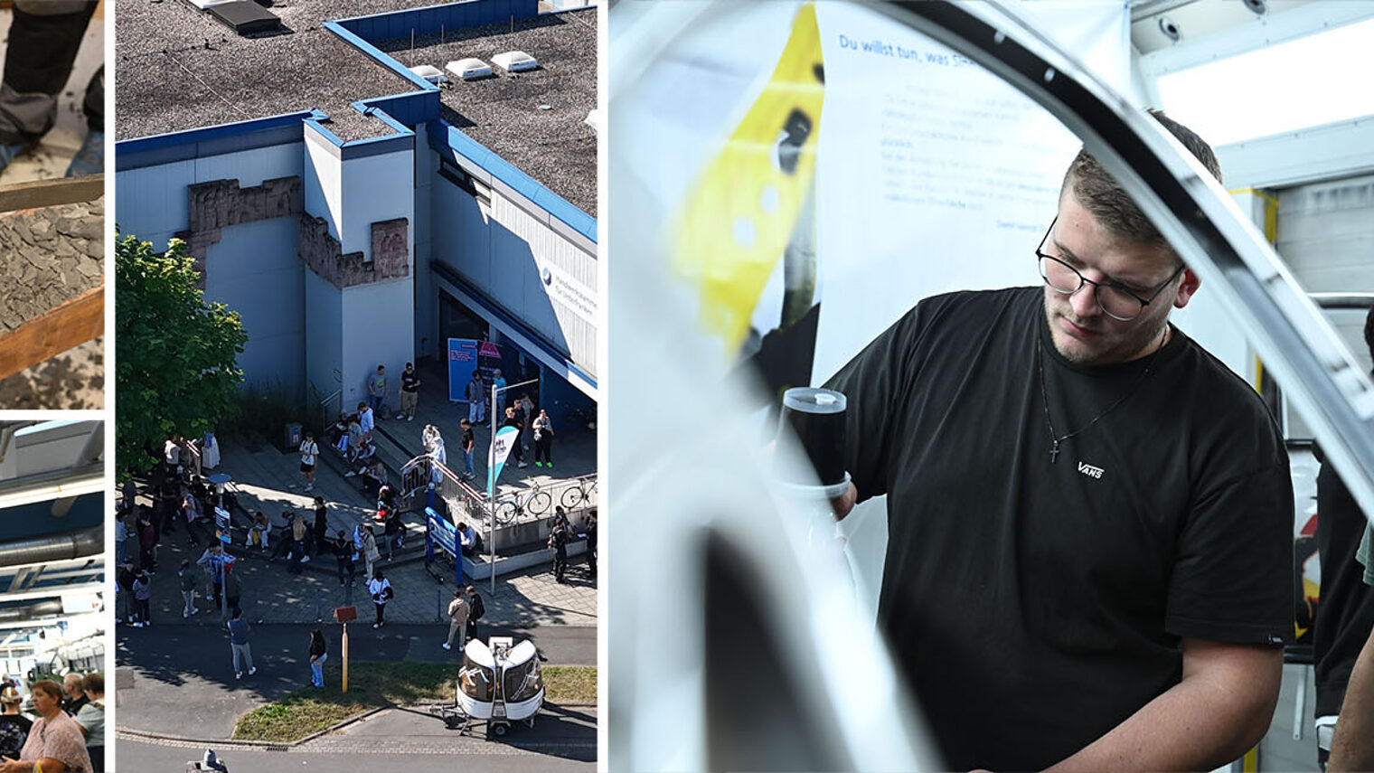 Collage mit Bildern der Jobmeile 2024, junger Mann an einem Auto, Feile im Einsatz