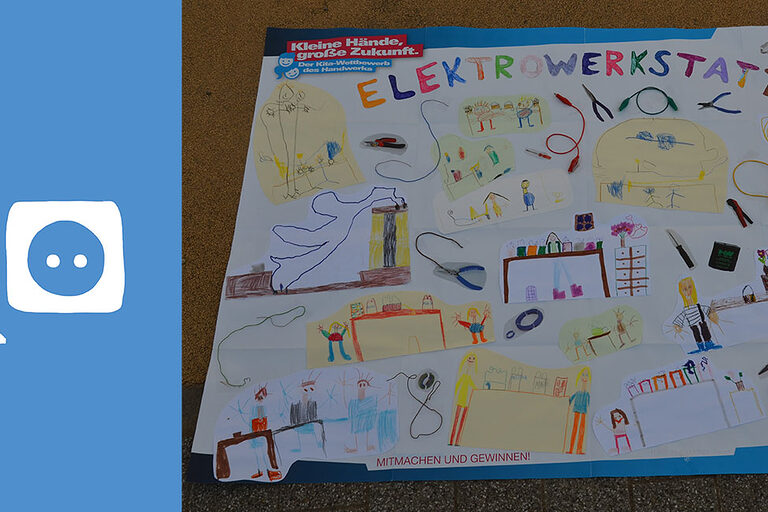 Das Wettbewerbsposter zeigt Kinderzeichnungen der Arbeit in einer Elektrowerkstatt.