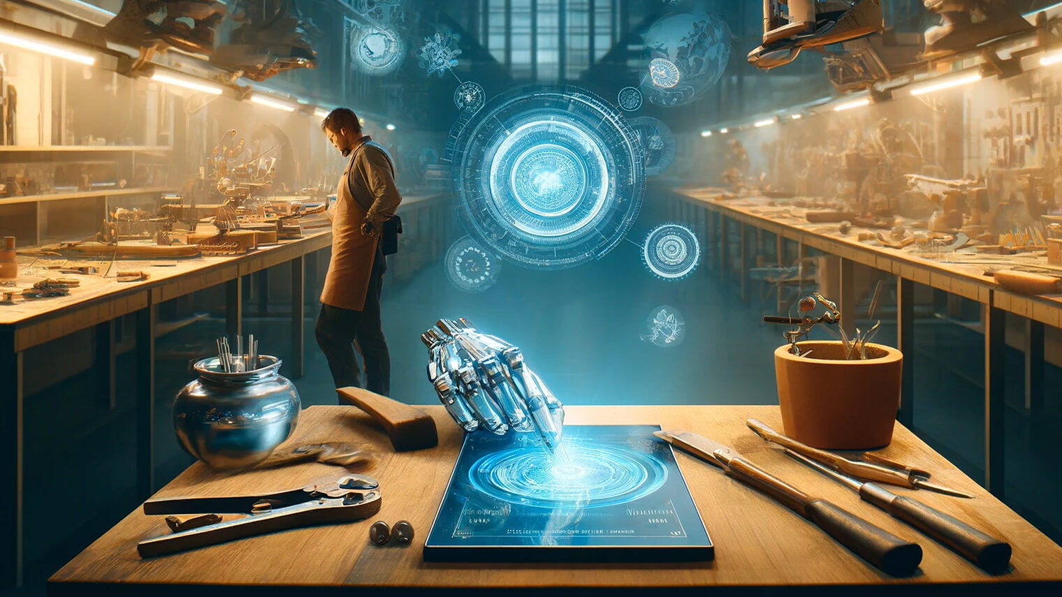 Werkstatt der Zukunft mit schwebender Roboterhand und traditioneller Werkstatt