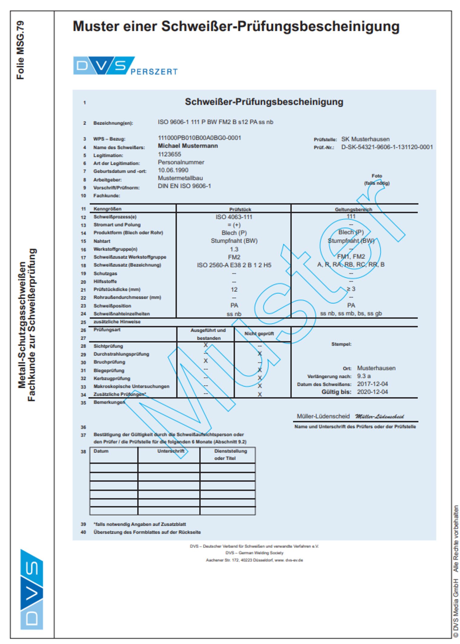Muster der DVS Schweißer-Prüfungsbescheinigung nach ISO 9606-1/2