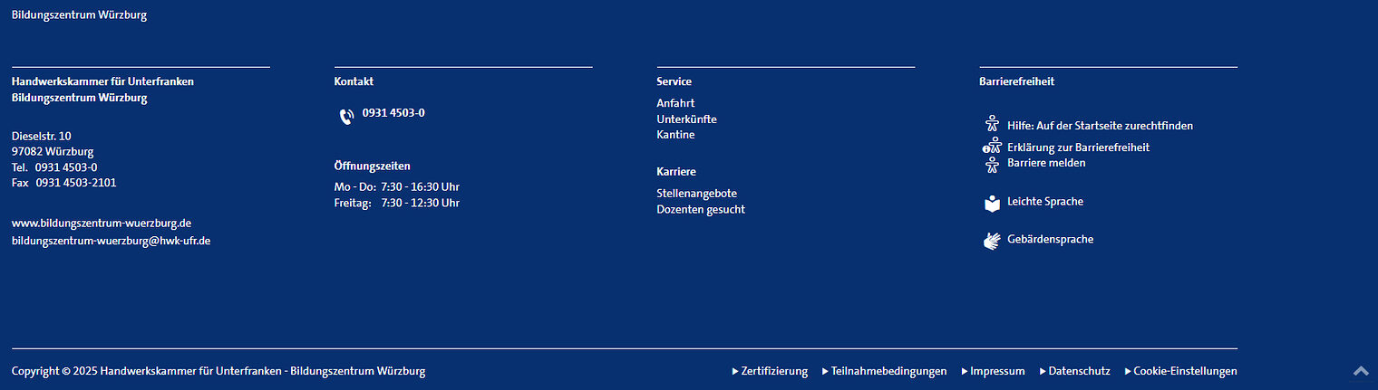 Screenshot des Footer-Bereichs auf www.bildungszentrum-wuerzburg.de