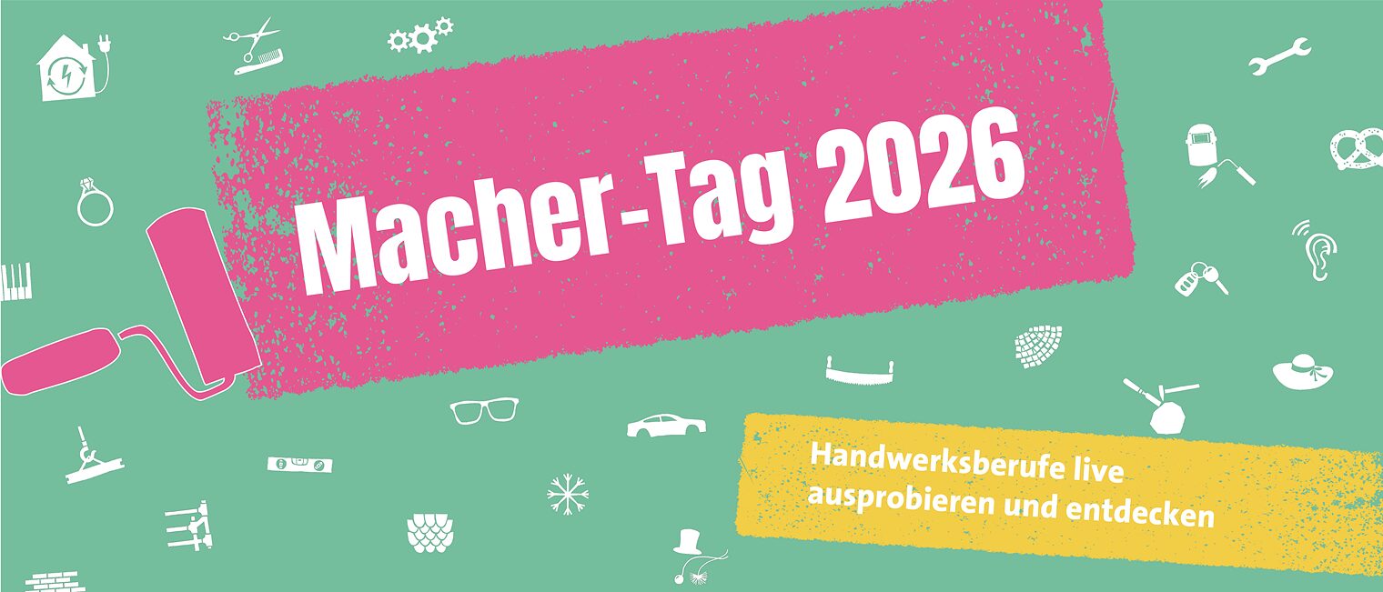 Macher-Tag 2026 Weiße Icons zu Berufen auf mintfarbenem Hintergrund, Farbrolle in pink, die pinken Streifen zieht mit Schrift Macher-Tag 2026