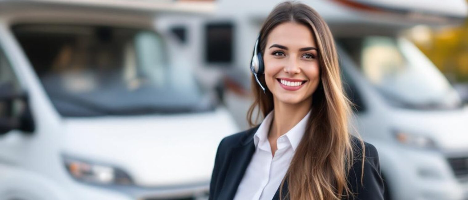 Junge Frau im Businessoutfit mit Headset und Tablet steht lächelnd vor weißen Wohnmobilen.