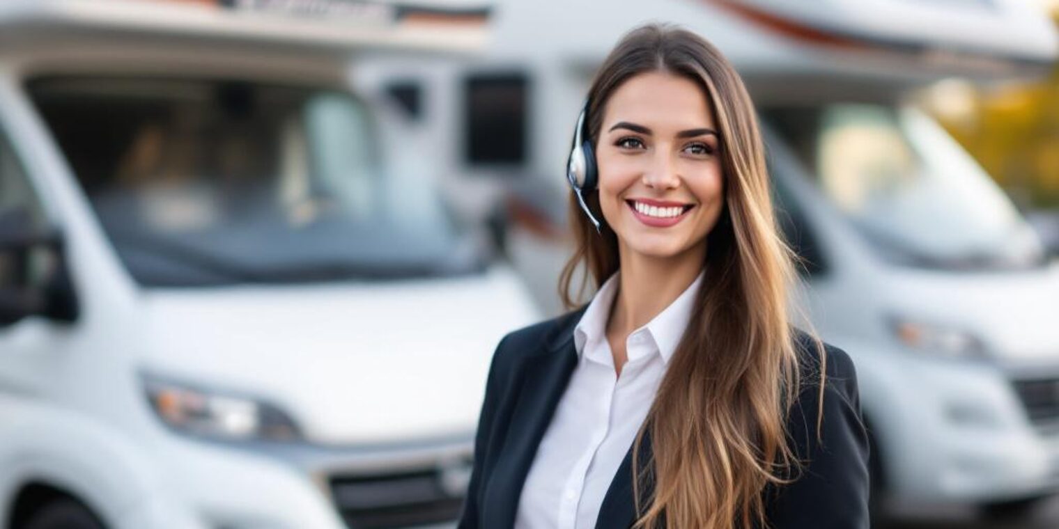 Junge Frau im Businessoutfit mit Headset und Tablet steht lächelnd vor weißen Wohnmobilen.