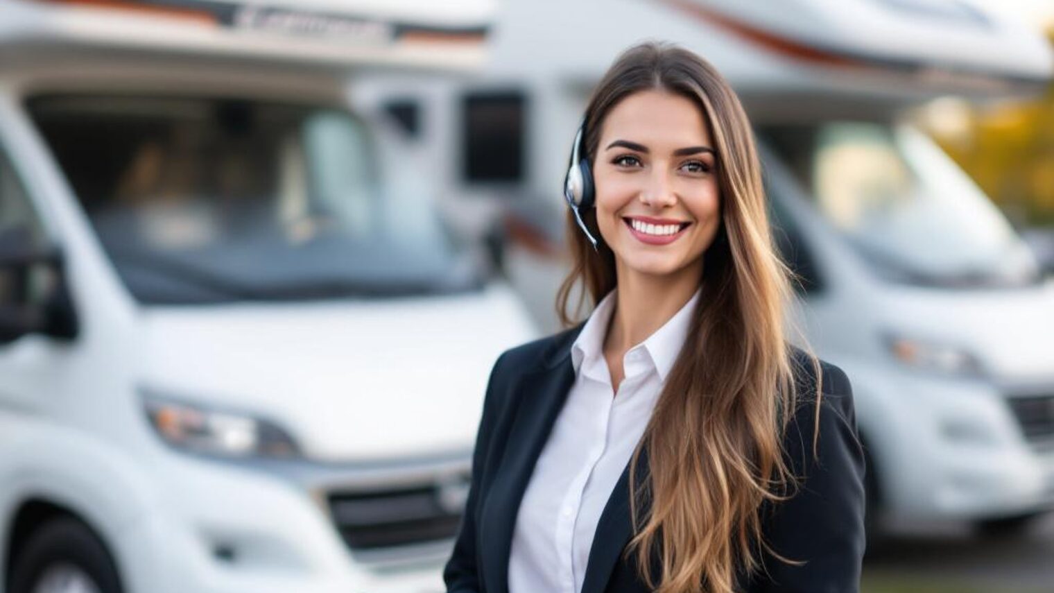 Serviceassistentin im Caravaningbetrieb Junge Frau im Businessoutfit mit Headset und Tablet steht lächelnd vor weißen Wohnmobilen.