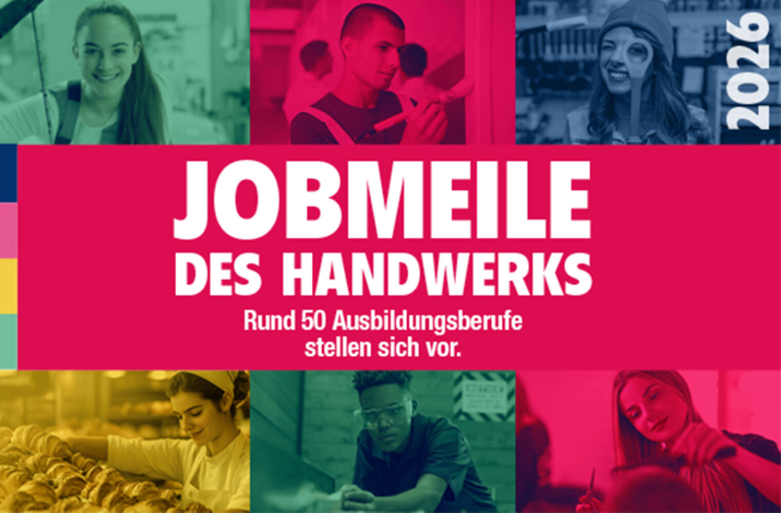 Bildcollage zur Jobmeile des Handwerks Aschaffenburg, die mit Fotos von Schreinern, Friseuren & Co. 50 Ausbildungsberufe vorstellt.