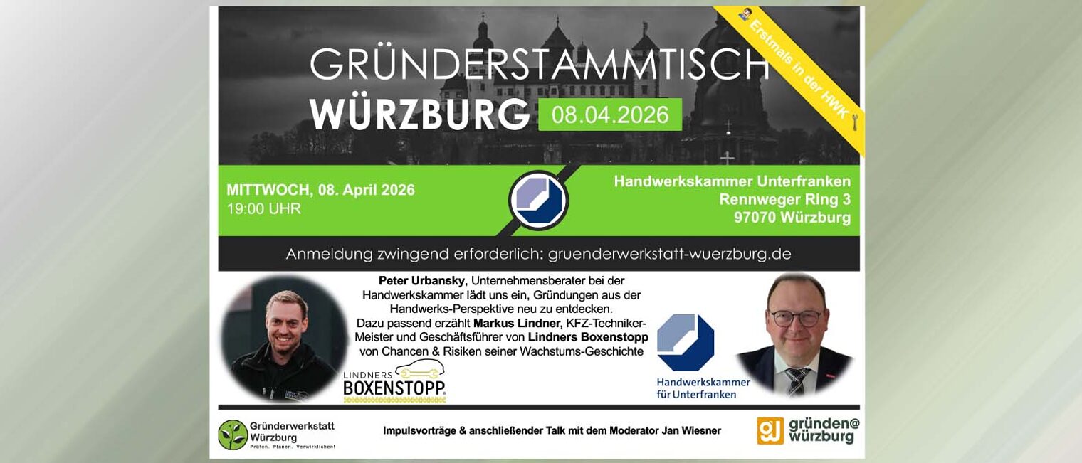 Veranstaltungsflyer mit Daten zur Veranstaltung, Logos der Veranstalter und Bildern der Speaker