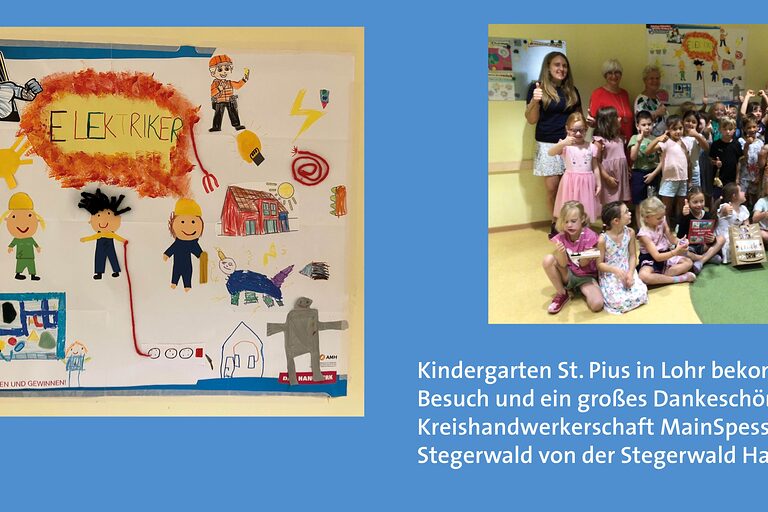 KOllage - ein Poster mit Kinderzeichnungen Elektriker und ein Gruppenbild Kinder mit Erwachsnenen